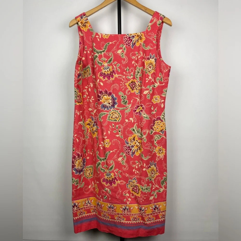 Vintage Talbots Coral Spring‎ Summer Linen Blend Boho Sleeveless Sheath Dress